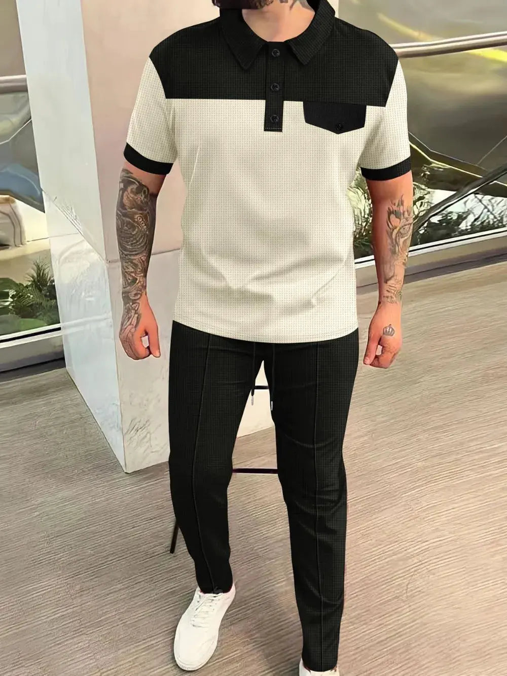 Men‘s Full Size Waffle-Knit Contrast Top and Pants Set Plus Size by Trendsi