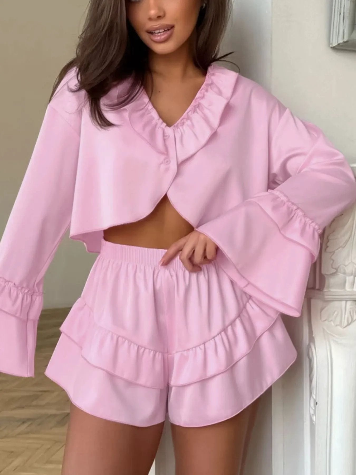 Ruffled V-Neck Top and Shorts Set by Partner Label
