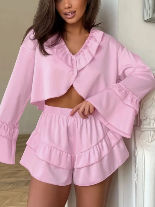 Ruffled V-Neck Top and Shorts Set by Partner Label