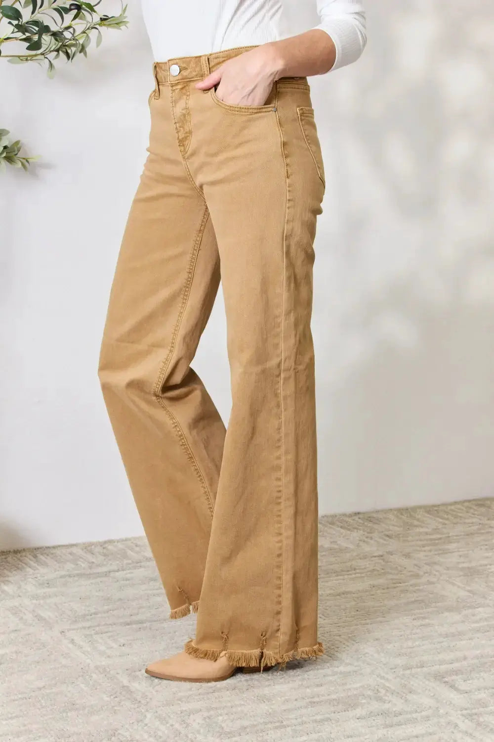 RISEN Full Size Fringe Hem Wide Leg Jeans by RISEN