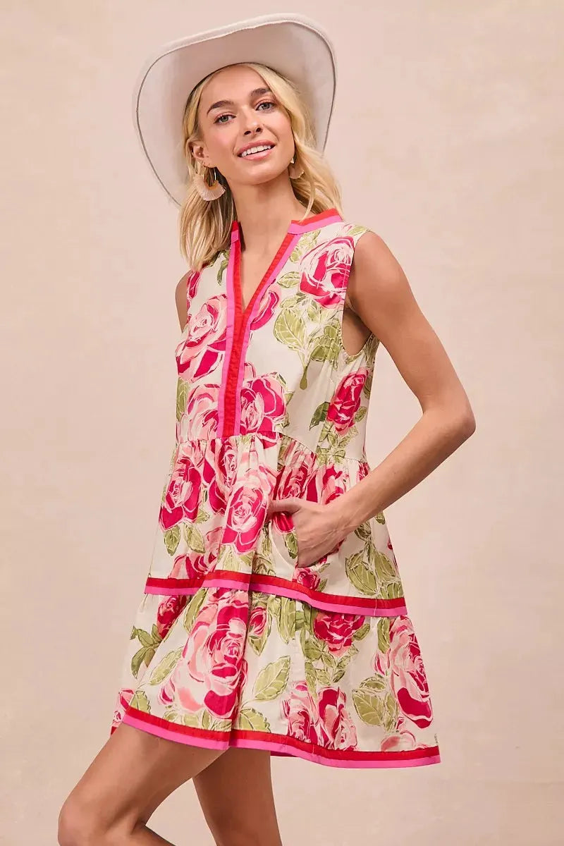 BiBi Floral Woven Contrast Edge Tiered Ruffle Mini Dress by BiBi