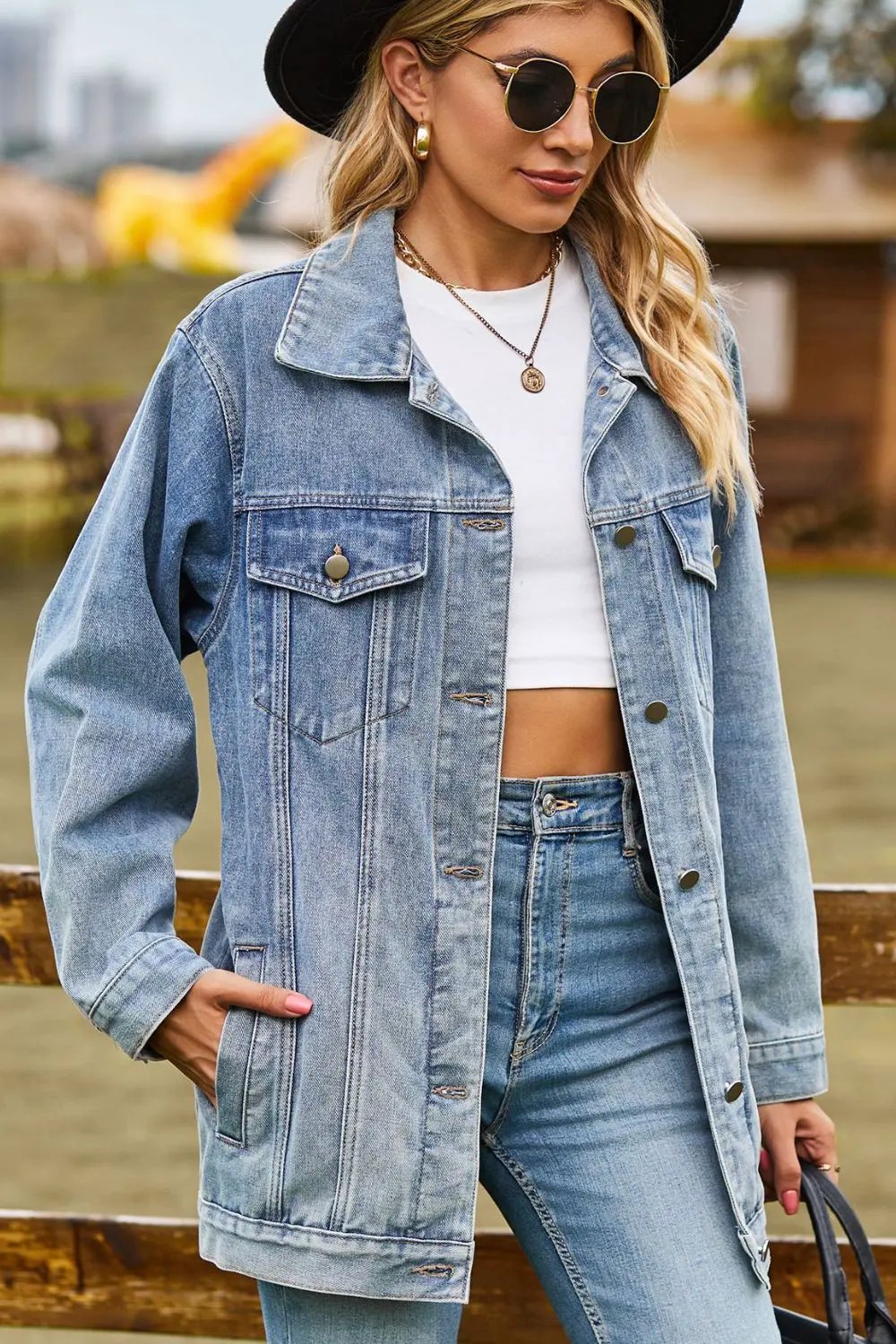 Buttoned Collared Neck Denim Jacket with Pockets by Partner Label