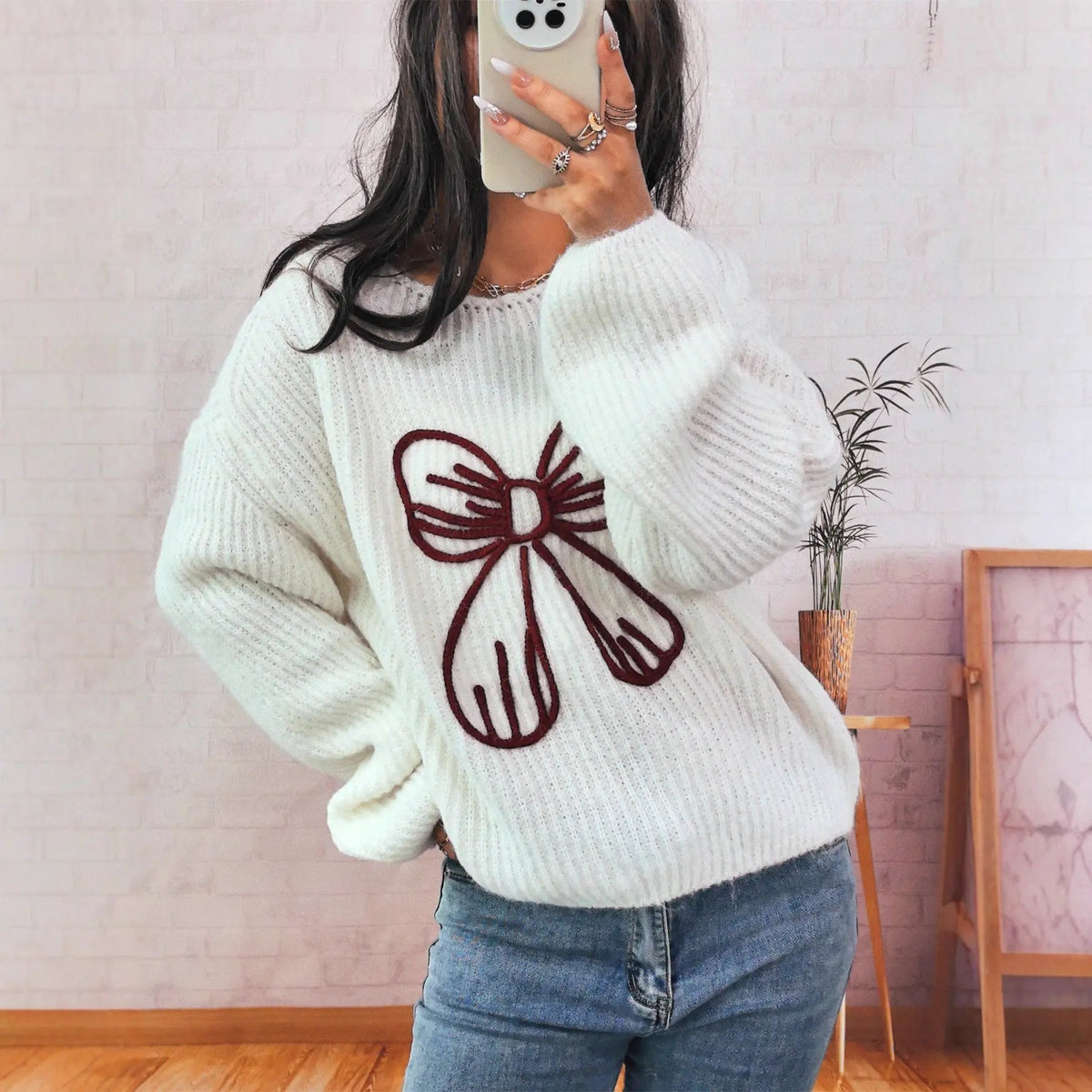 Simple Casual Bow Embroidery Decoration Knitted Long Sleeve Sweater by Maiden-Art