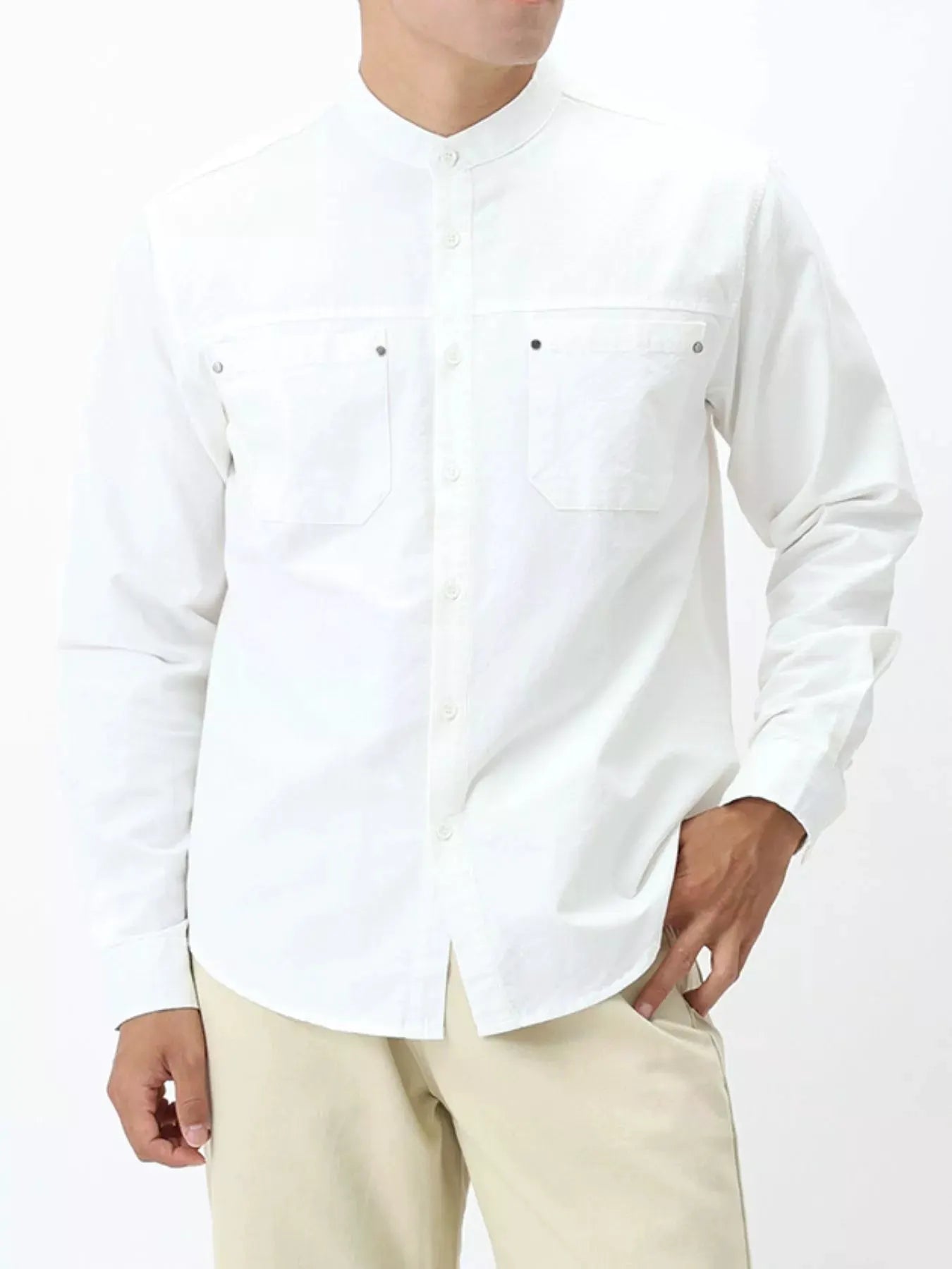 Men's Plus Size Casual Long Sleeve Shirt with Double Chest Pockets by Trendsi