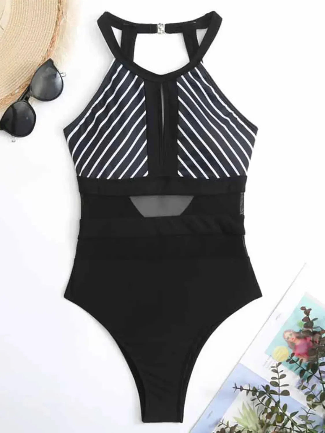 Mesh Detail Backless Striped One-Piece Swimsuit by Partner Label