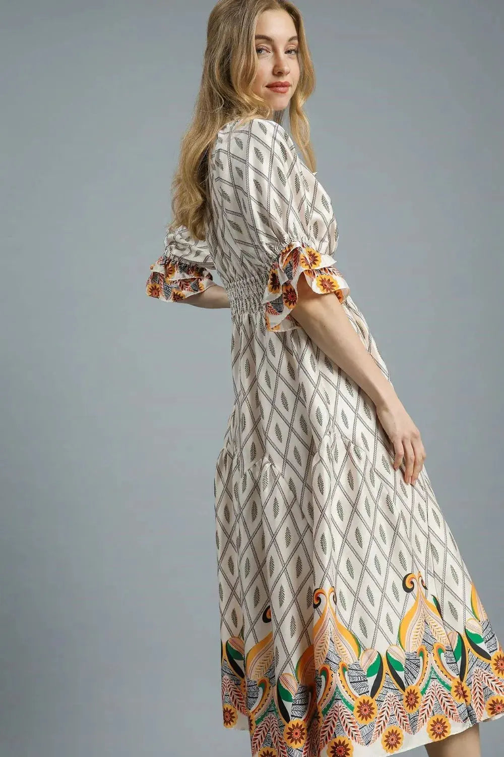 Umgee Printed Smocked Waist Flounce Sleeve Midi Dress by Umgee USA