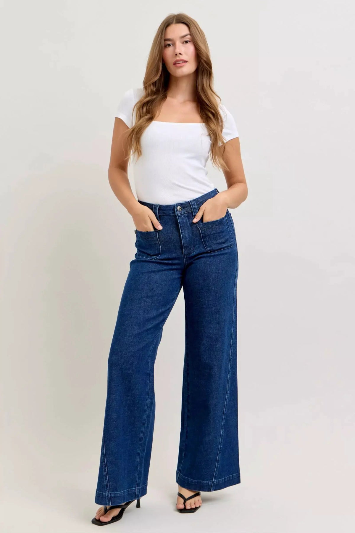 Judy Blue High-Waisted Retro Wide Jeans with Patch Pkts & Twisted Seams by Judy Blue