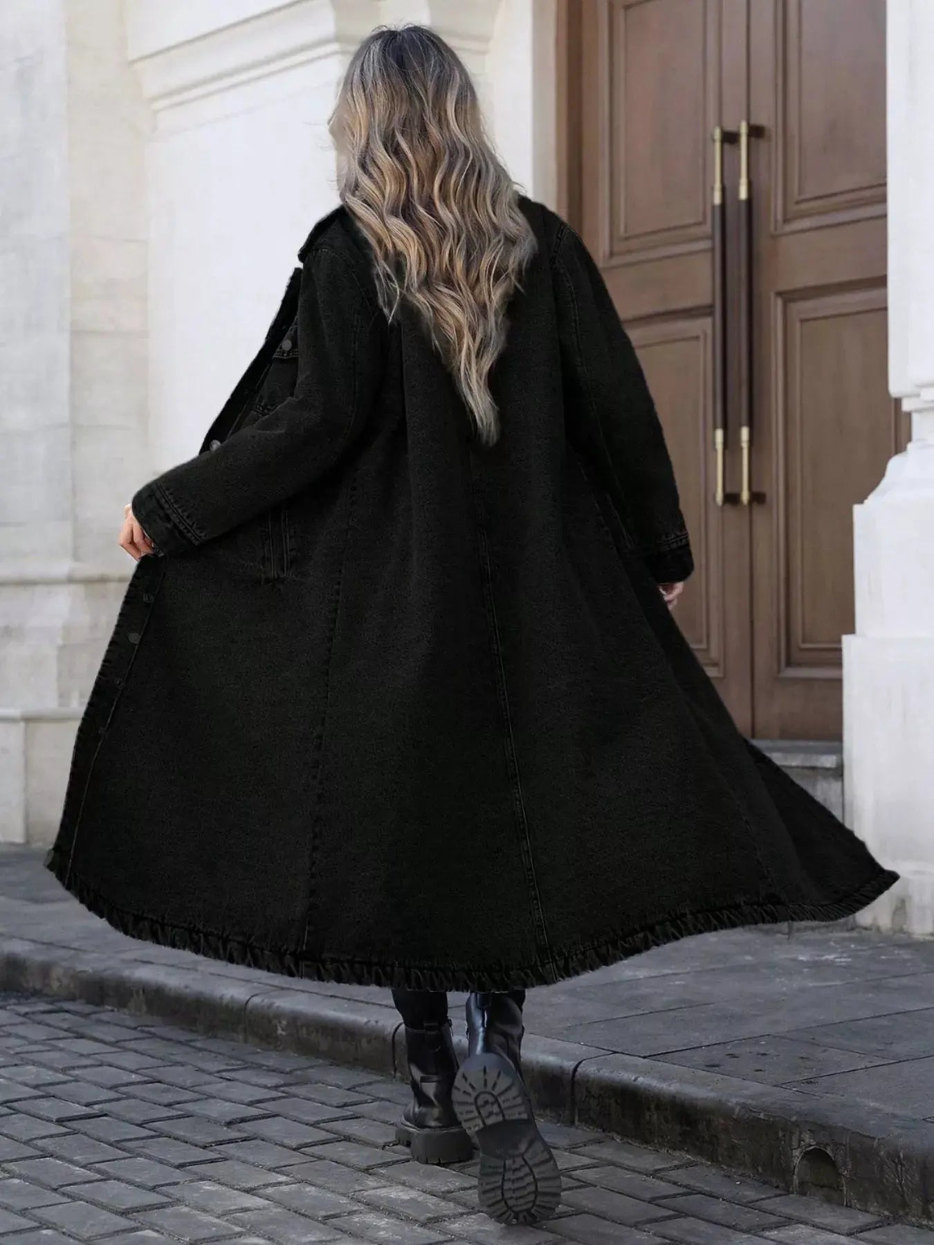 Longline Button-Front Denim Jacket by Partner Label
