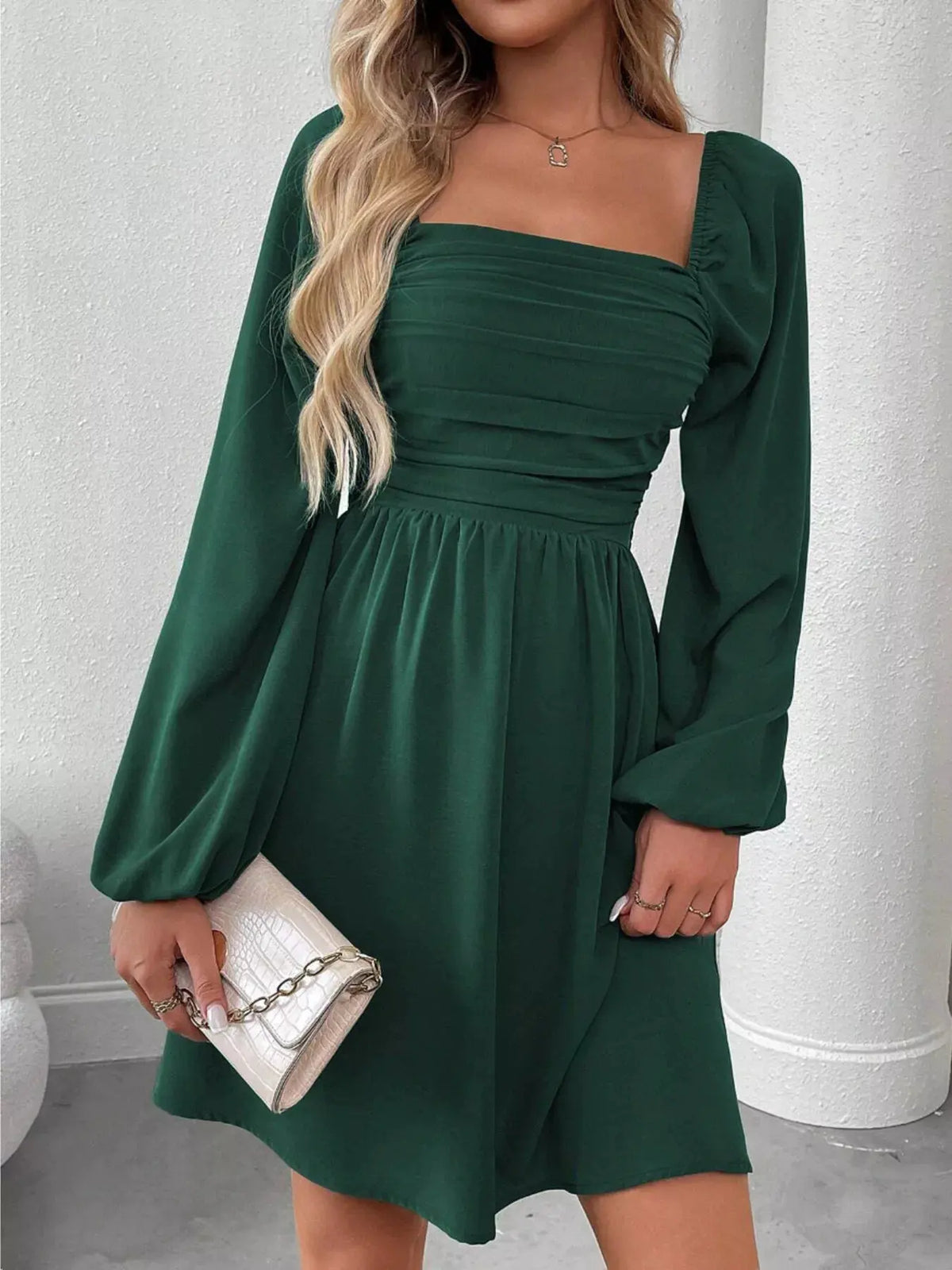 Ruched Square Neck Long Sleeve A-Line Dress by Partner Label