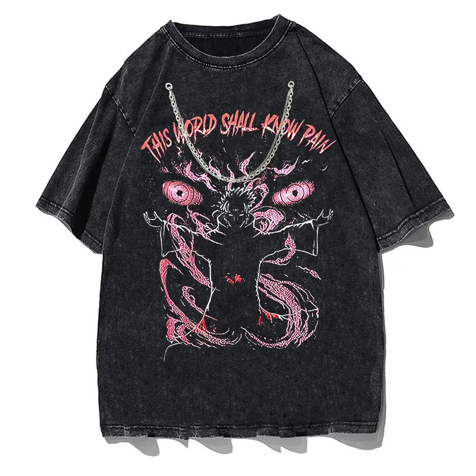 Anime Pain Print Vintage Washed T-Shirt 100% Cotton Harajuku Streetwear by Vimost Shop