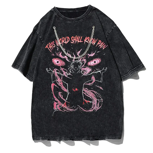 Anime Pain Print Vintage Washed T-Shirt 100% Cotton Harajuku Streetwear by Vimost Shop
