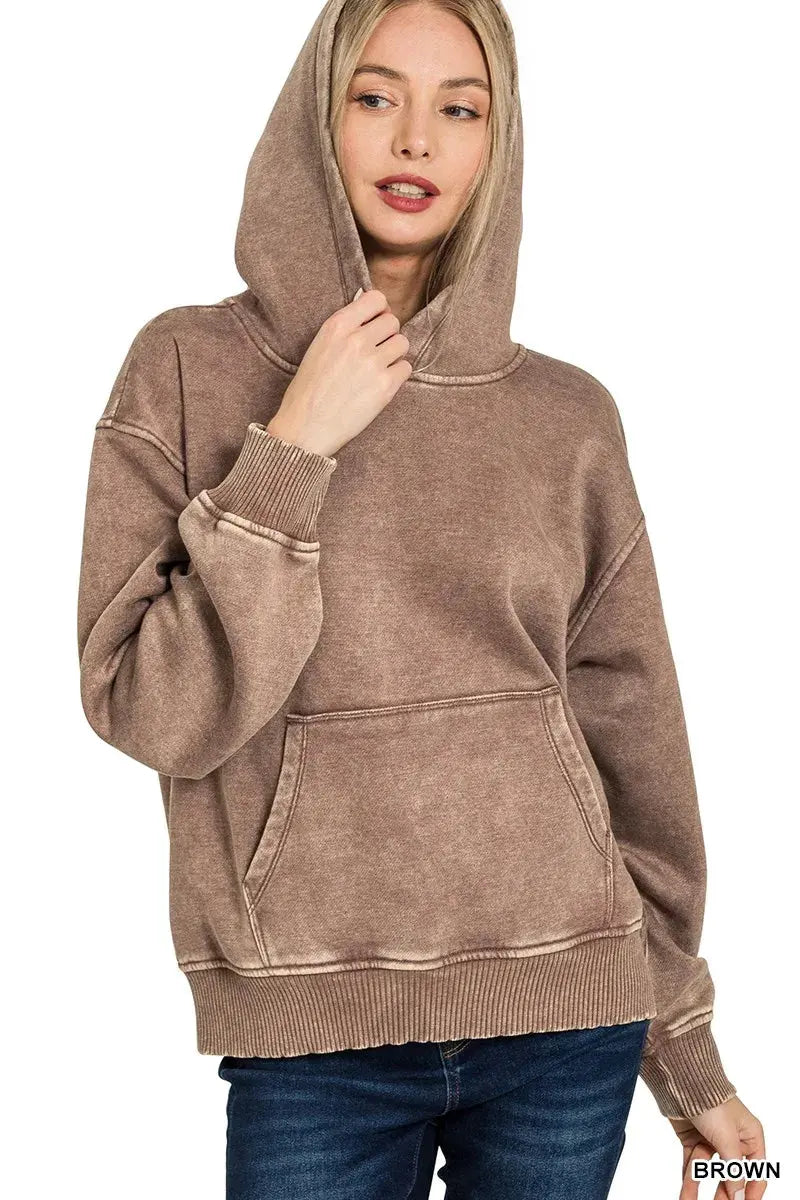 Zenana Fleece Acid Wash Kangaroo Pocket Hoodie by Zenana