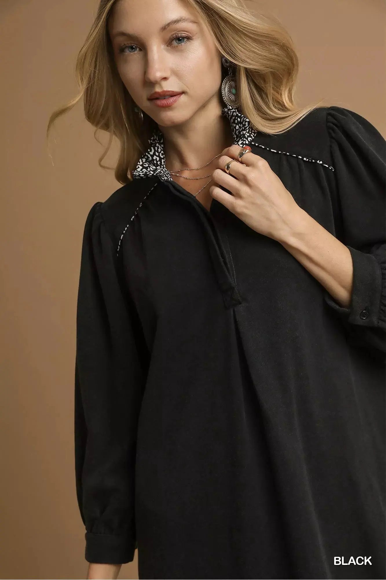 Umgee French Terry Balloon Sleeve Shift Dress with Leopard Print Detail by Umgee