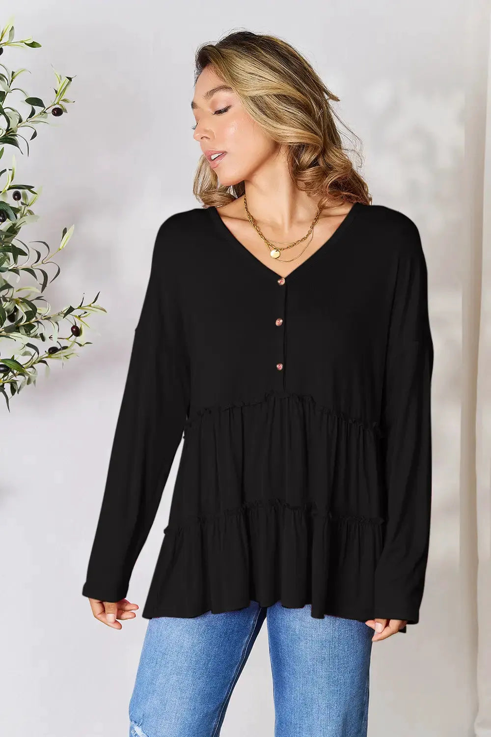 Double Take Half Button Long Sleeve Ruffle Hem Blouse by Double Take