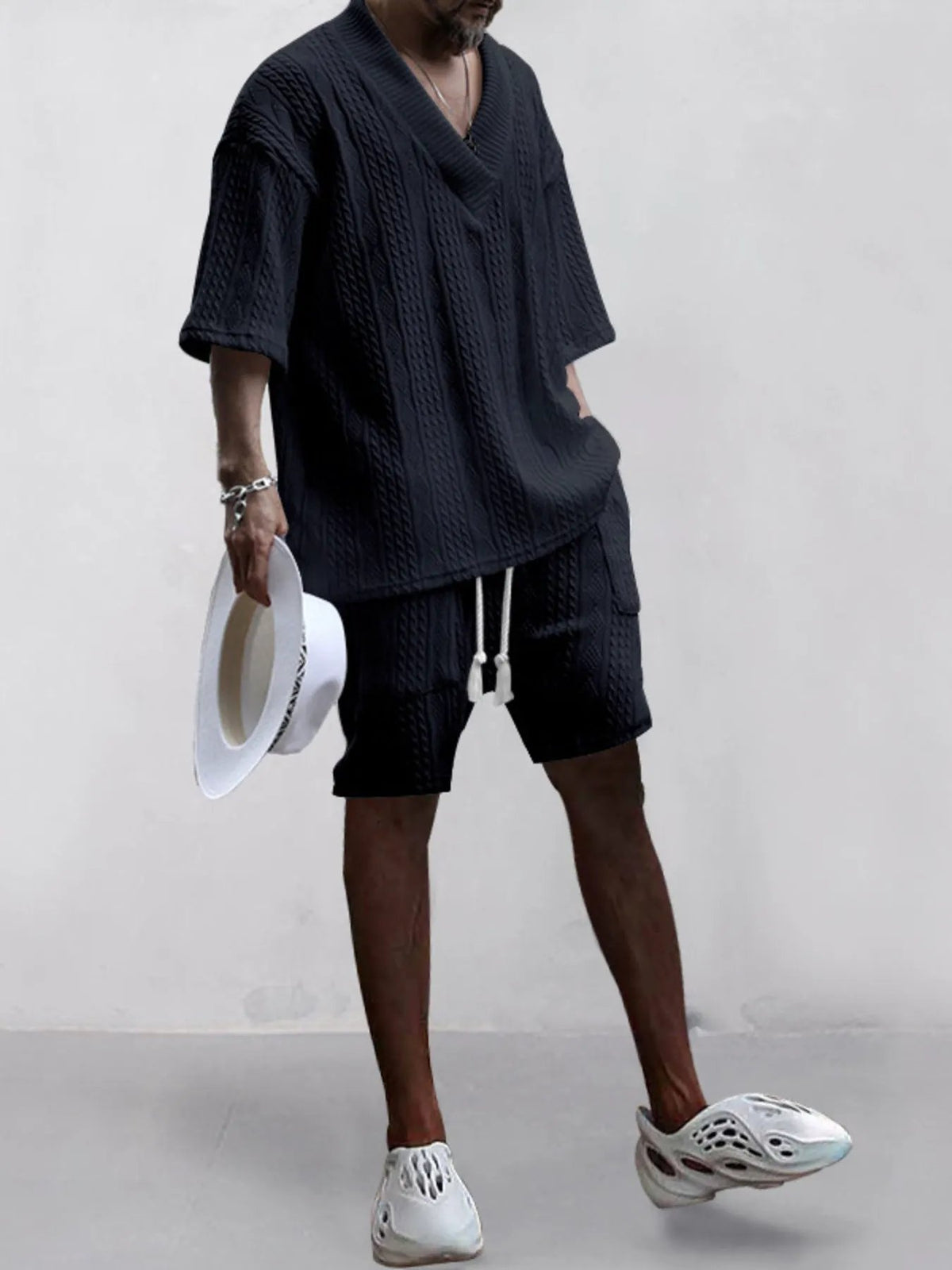Men's Full Size Casual Knit V-Neck Short Sleeve Top and Shorts Set Plus Size by Trendsi