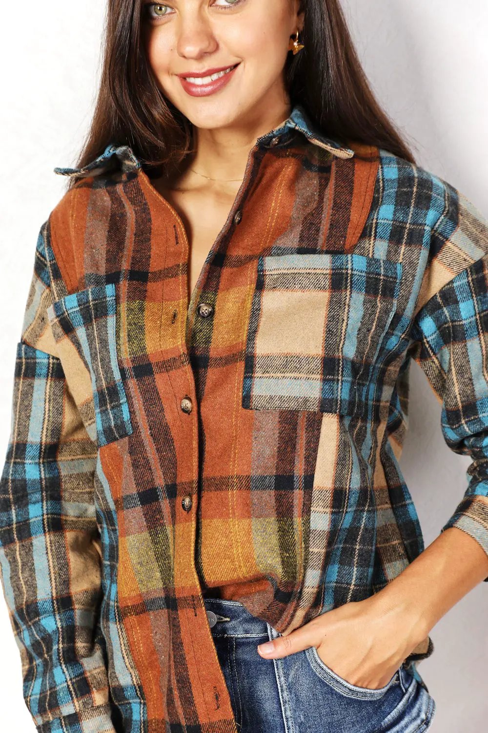 Double Take Plaid Curved Hem Shirt Jacket with Breast Pockets by Double Take