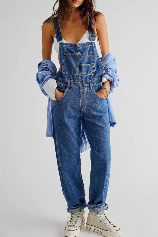 Wide Strap Square Neck Denim Overalls by Partner Labels