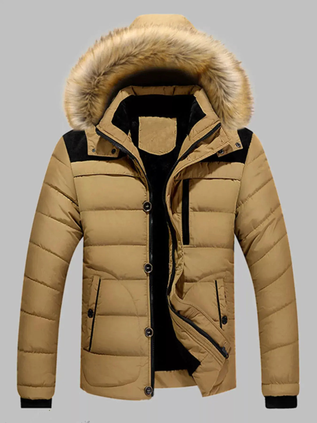 Men's Plus Size Padded Fur Hood Puffer Jacket by Partner Label