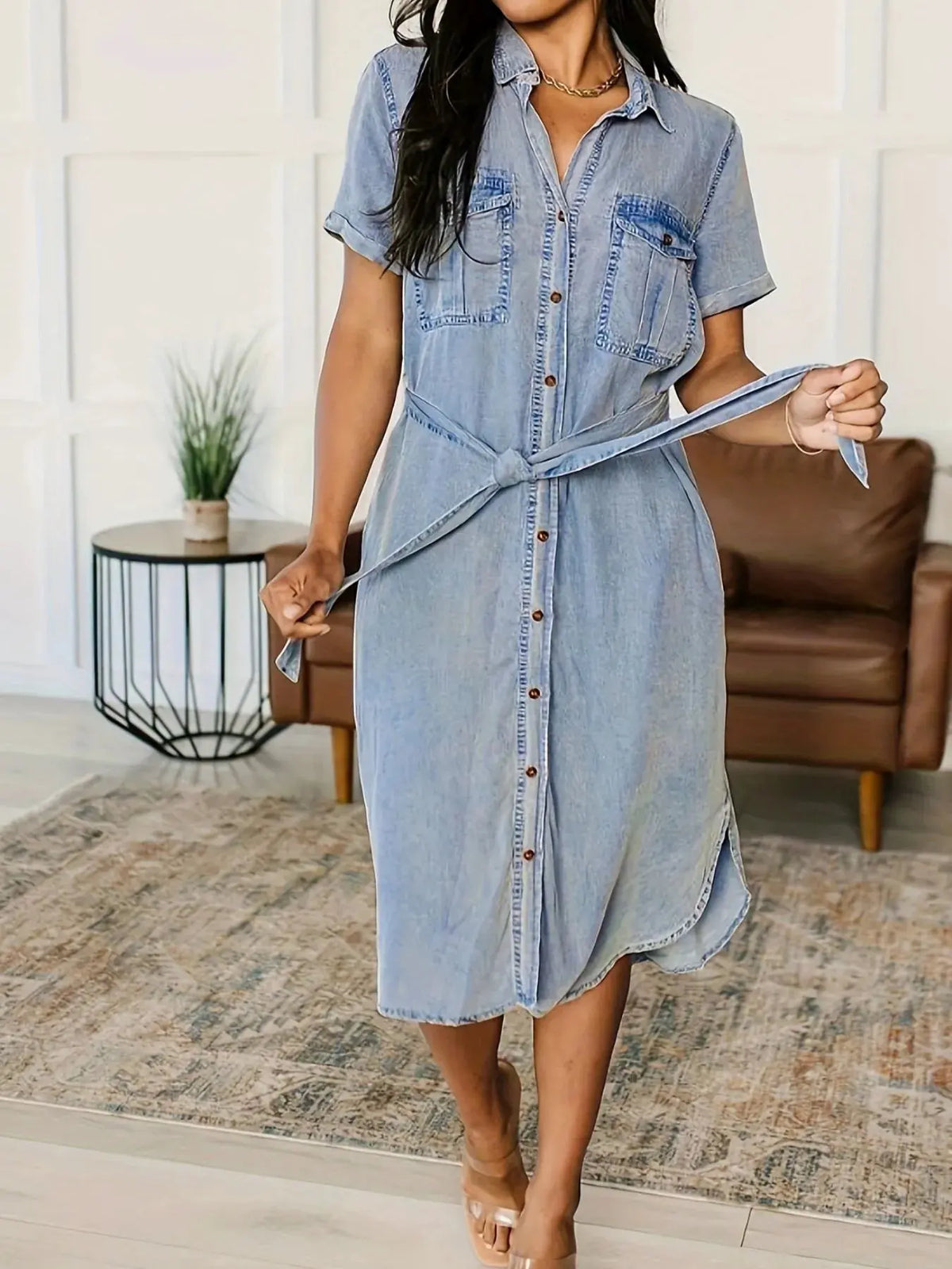 Button Front Short Sleeve Denim Dress by Partner Label