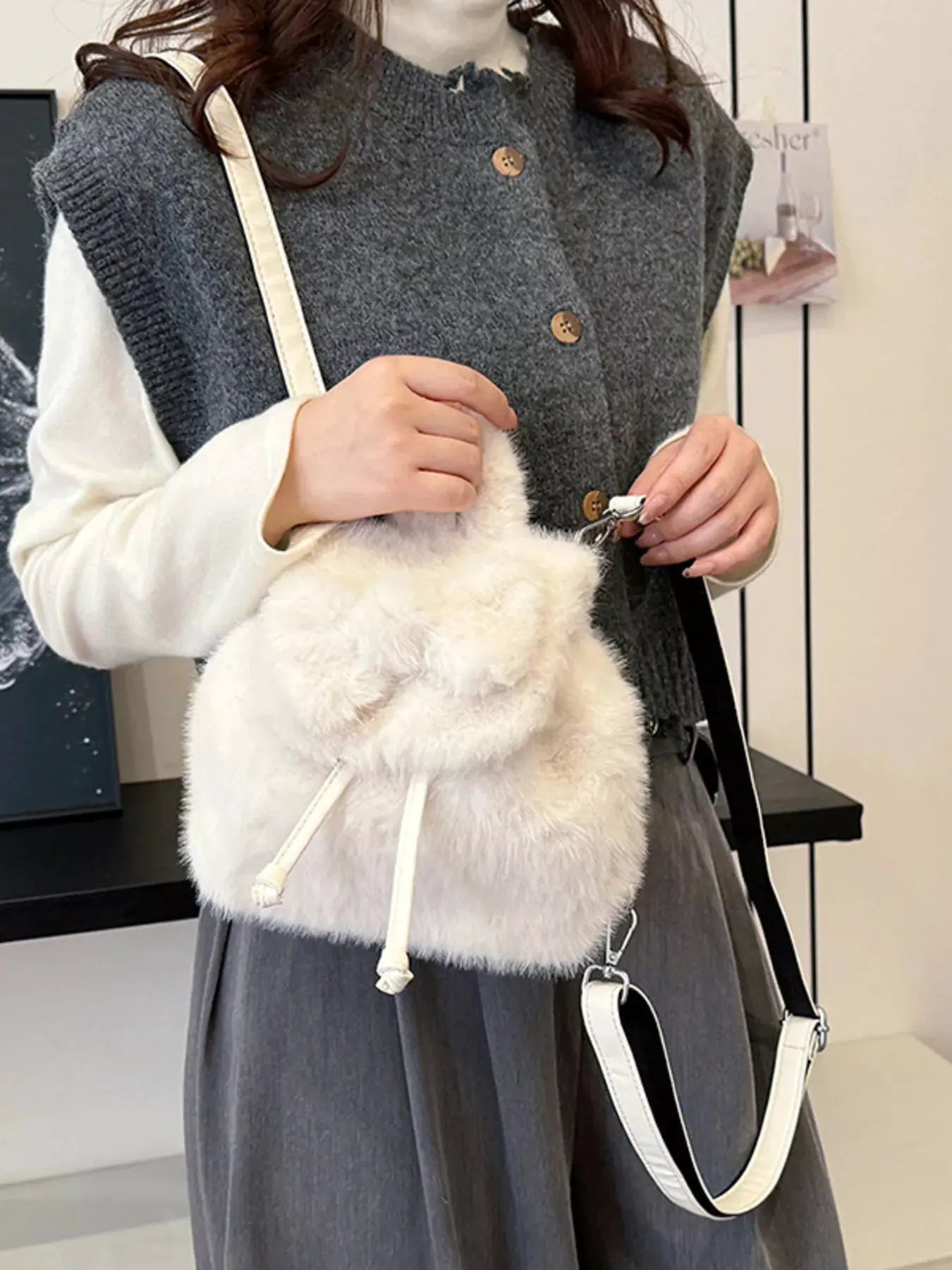 Fuzzy Plush Drawstring Backpack Bag by Partner Label