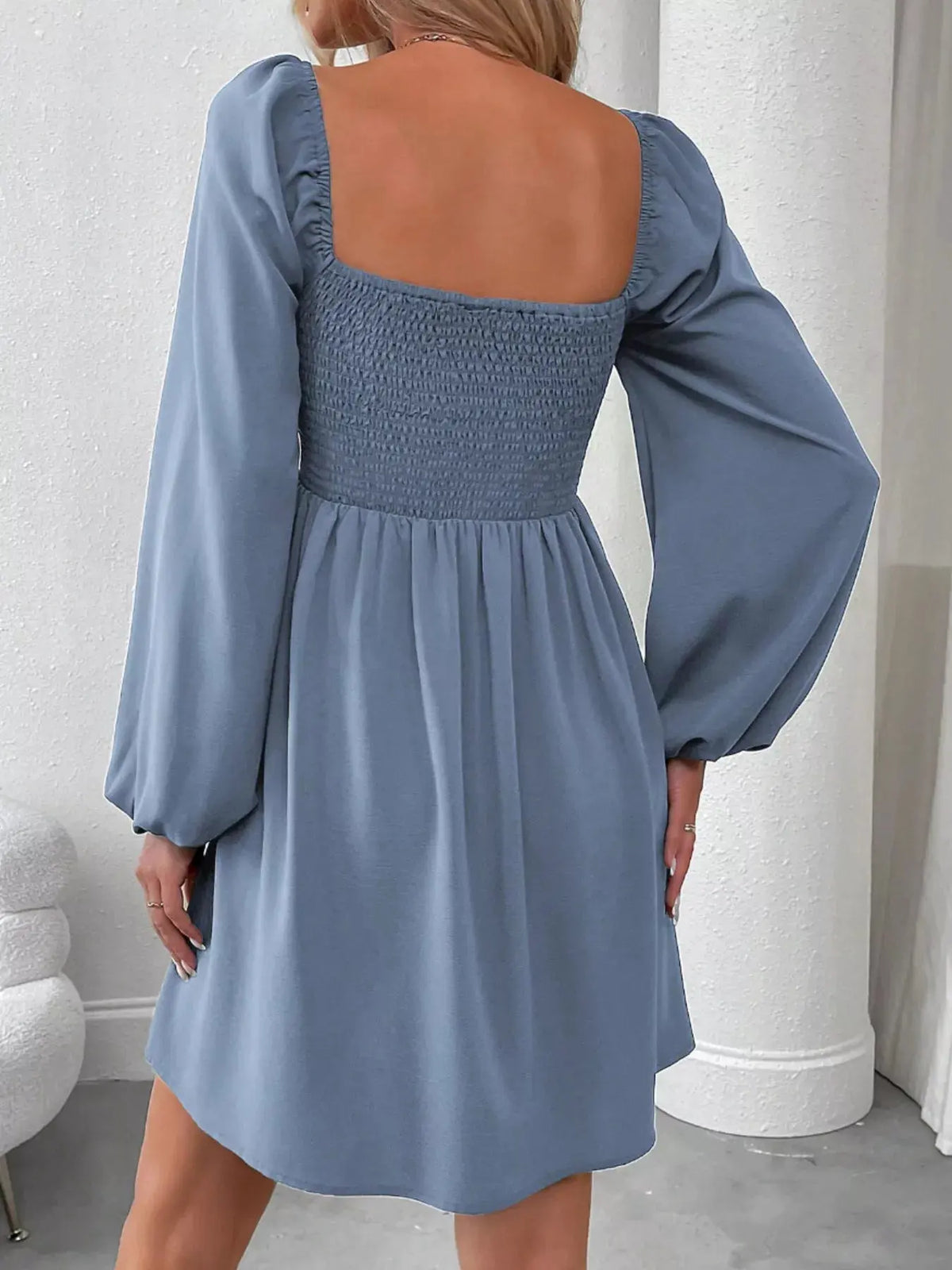 Ruched Square Neck Long Sleeve A-Line Dress by Partner Label