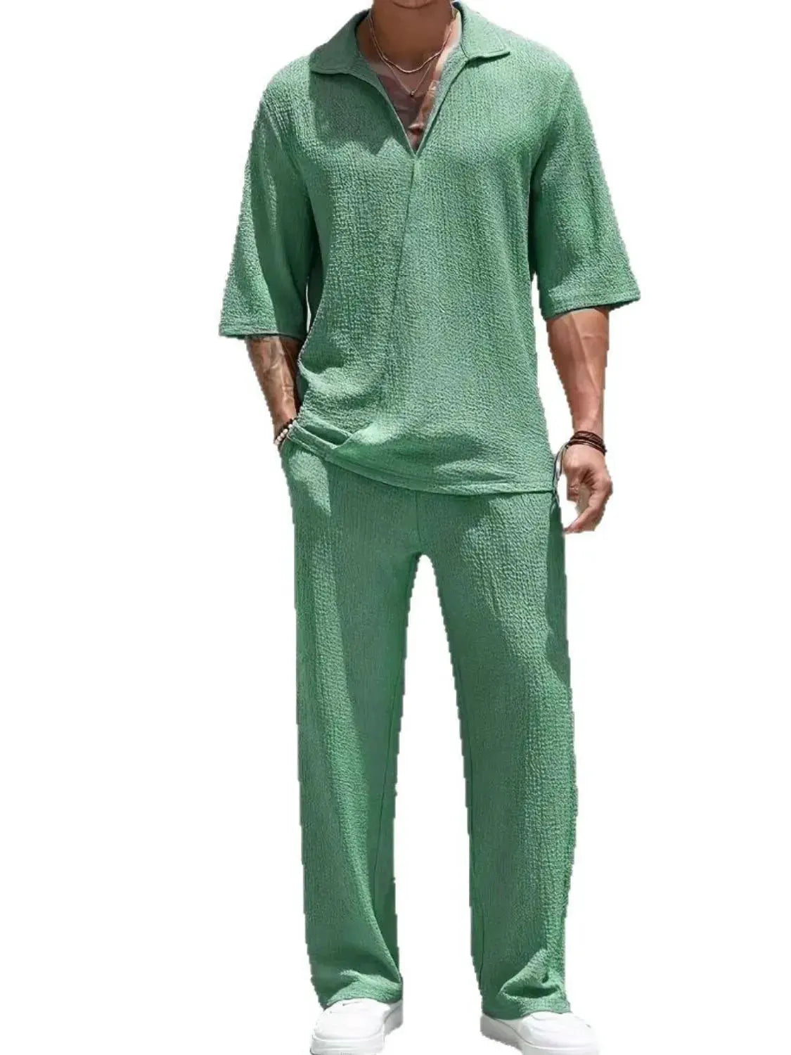 Men's Johnny Collar Half Sleeve Top and Pants Set by Oh