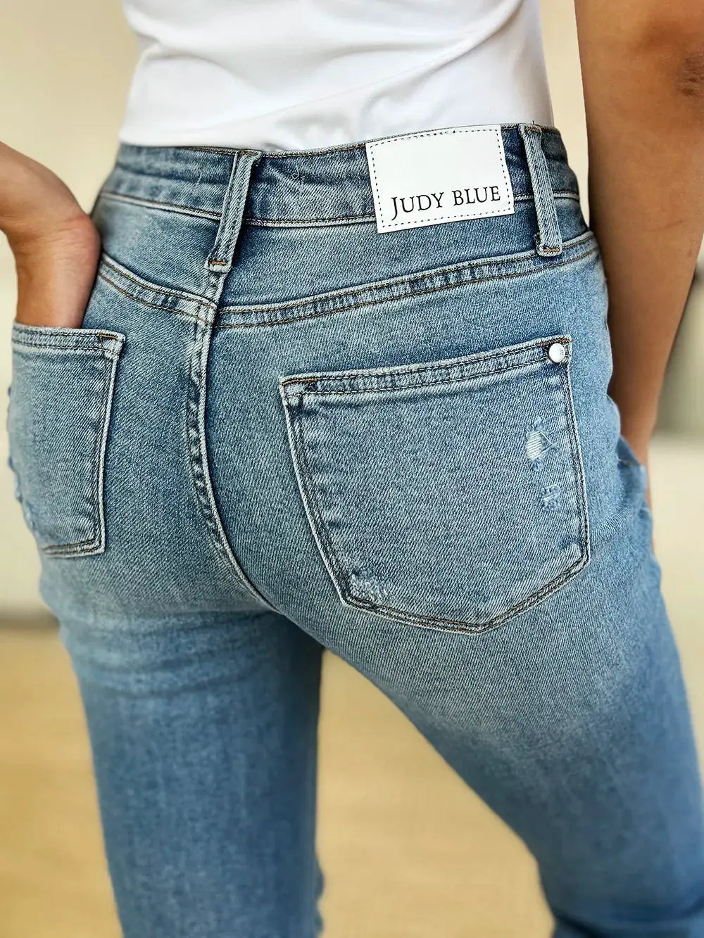 Judy Blue Full Size Mid Rise Destroyed Hem Distressed Jeans by Judy Blue