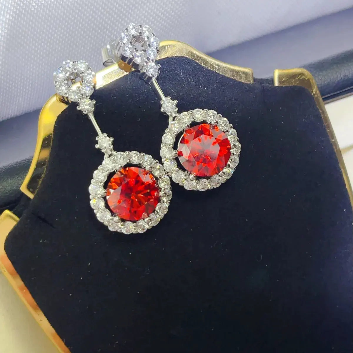 4 Carat Ruby Red Crystal Drop Earrings with Rhinestone Halo by Partner Label