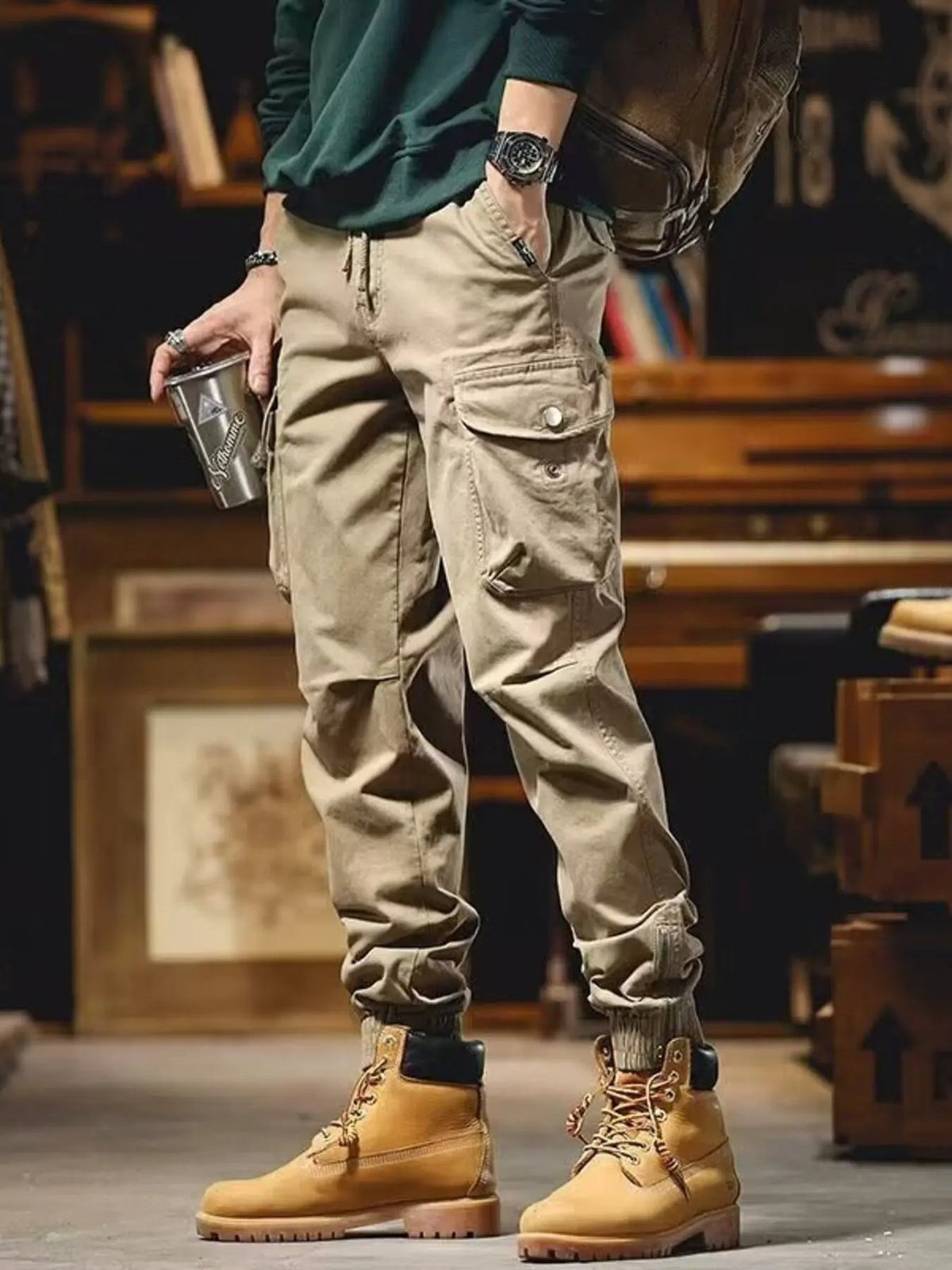 Men's Plus Size Casual Cargo Pants with Elastic Cuff by Partner Label