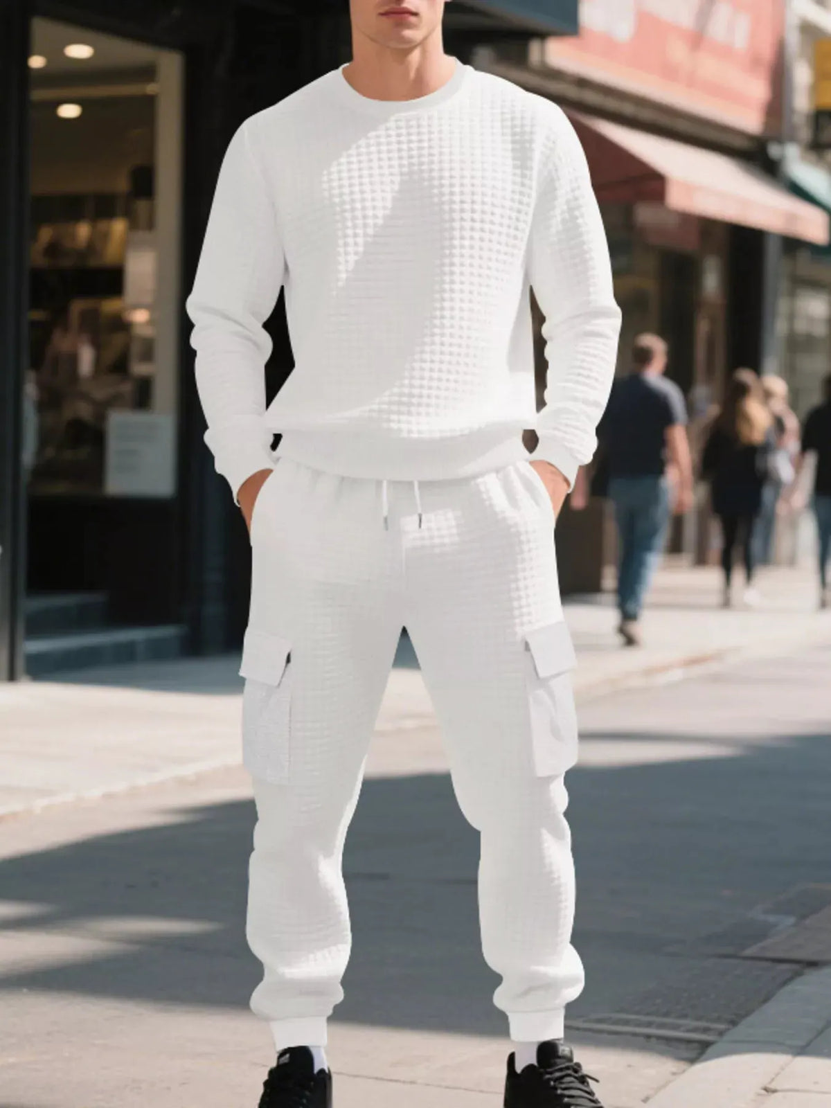 Men's Plus Size Waffle Knit Textured Crewneck Sweatshirt and Jogger Set by Trendsi