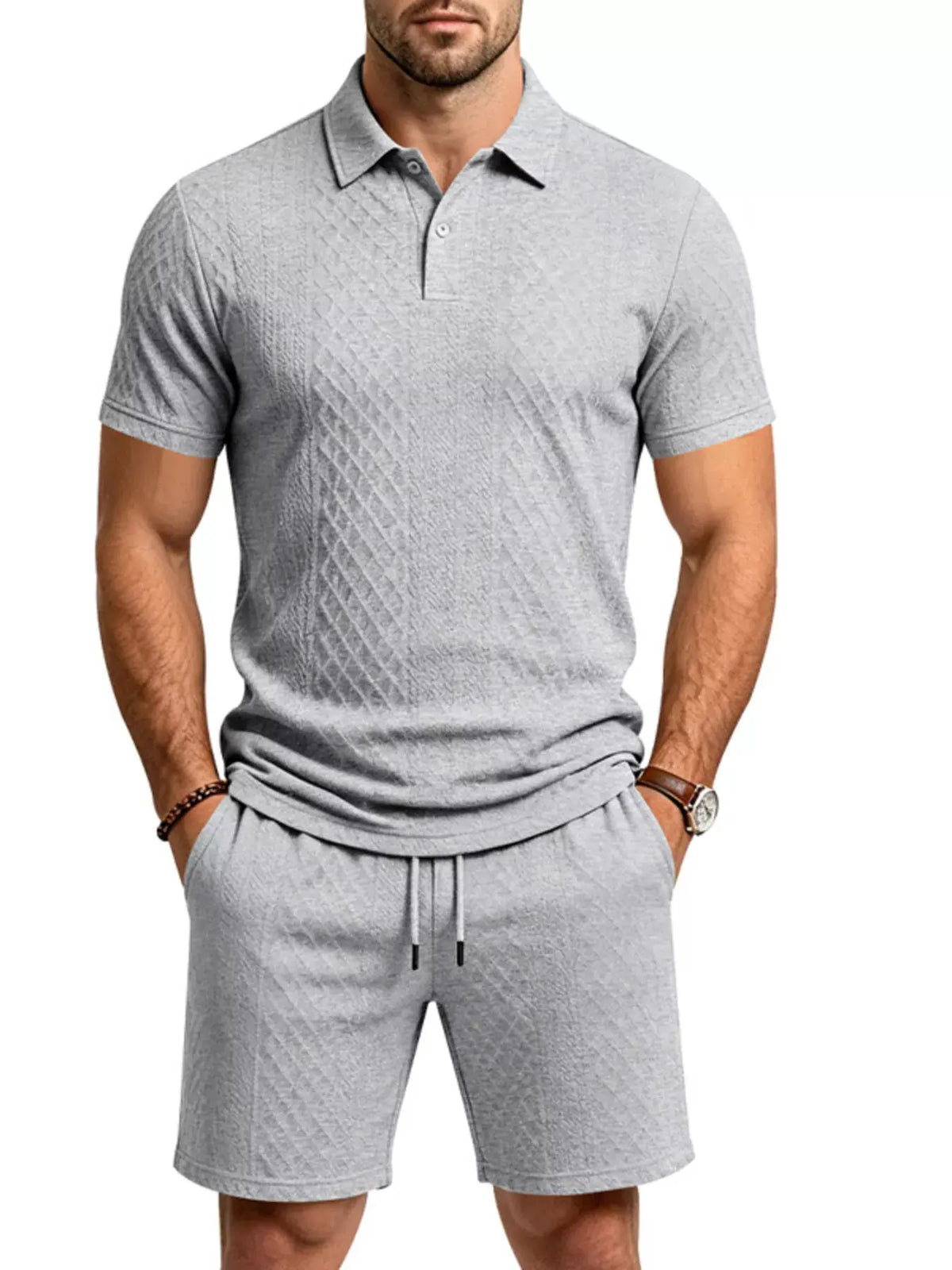 Men's Full Size Textured Short Sleeve Polo and Shorts Set Plus Size by POL