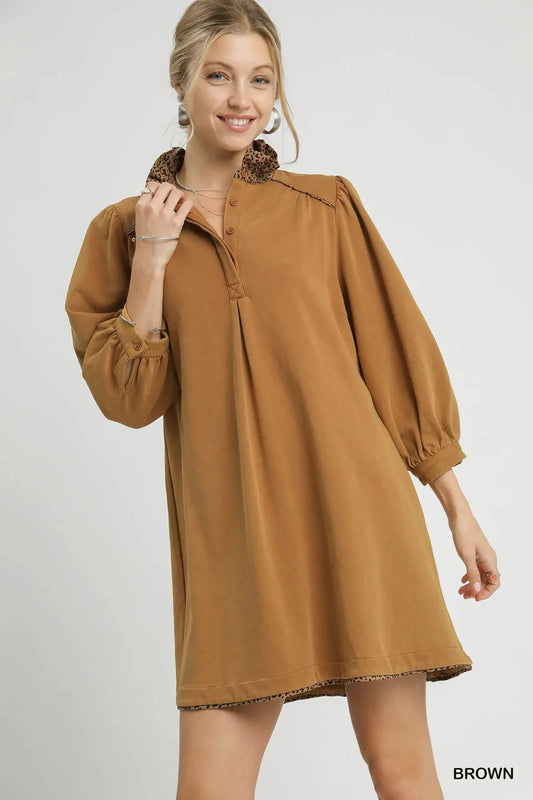 Umgee French Terry Balloon Sleeve Shift Dress with Leopard Print Detail by Umgee