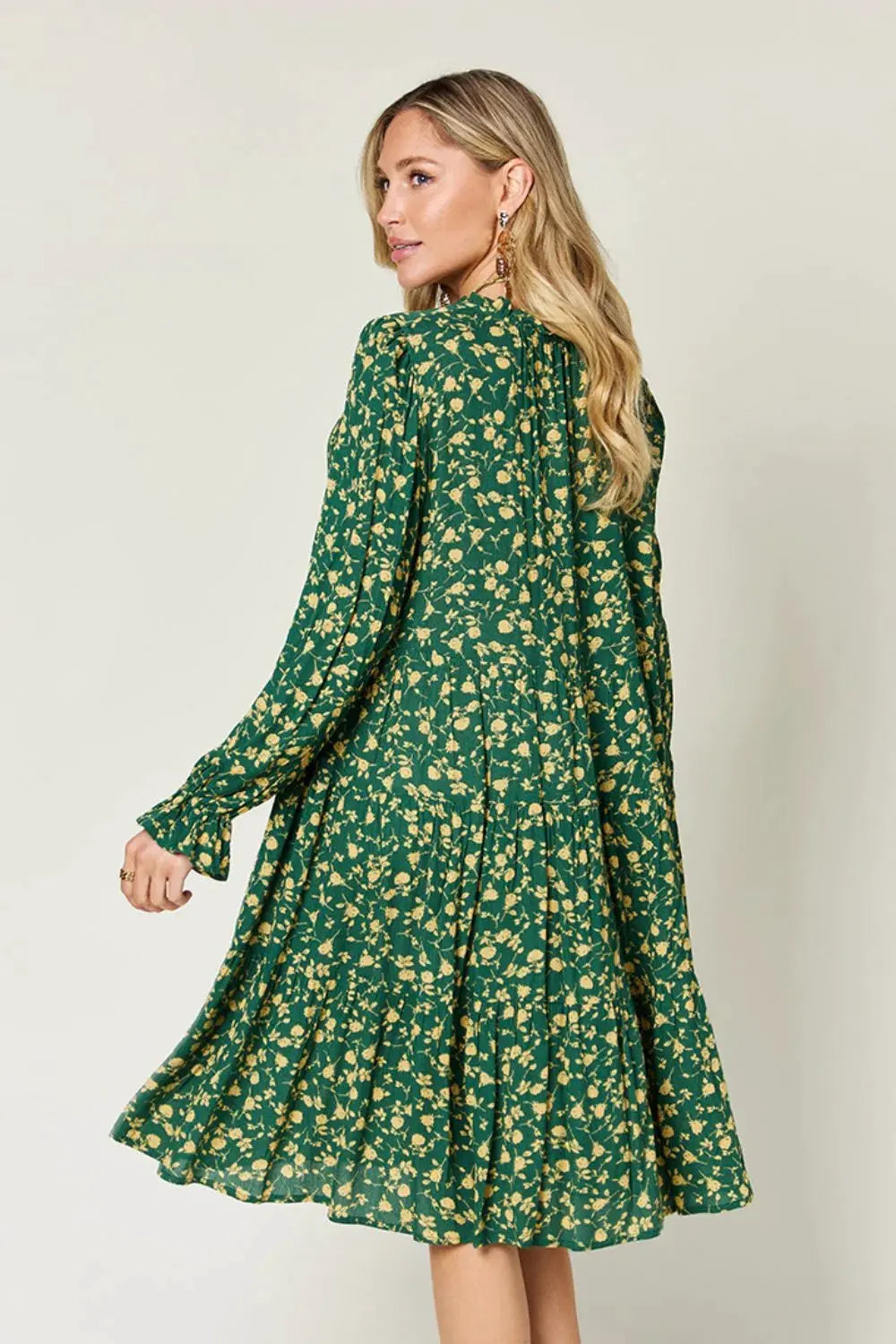 Double Take Full Size Printed Ruffle Hem Long Sleeve Tiered Dress by Double Take