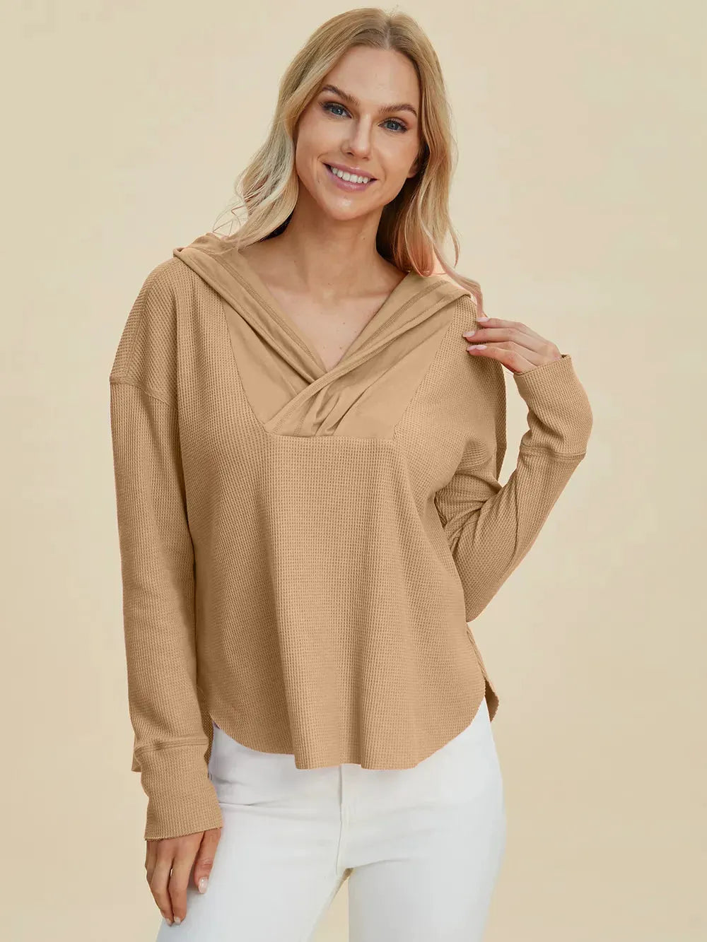 Double Take Full Size High-Low Dropped Shoulder Long Sleeve Hoodie by Double Take