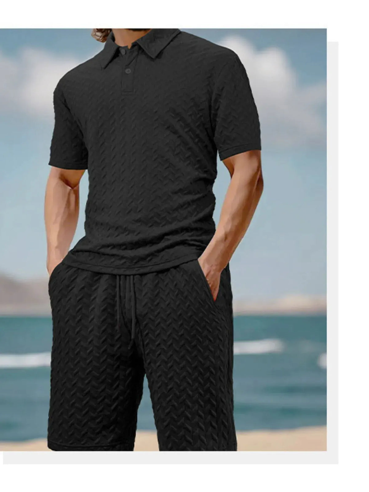 Men's Full Size Textured Polo Shirt and Shorts Set Plus Size by Trendsi
