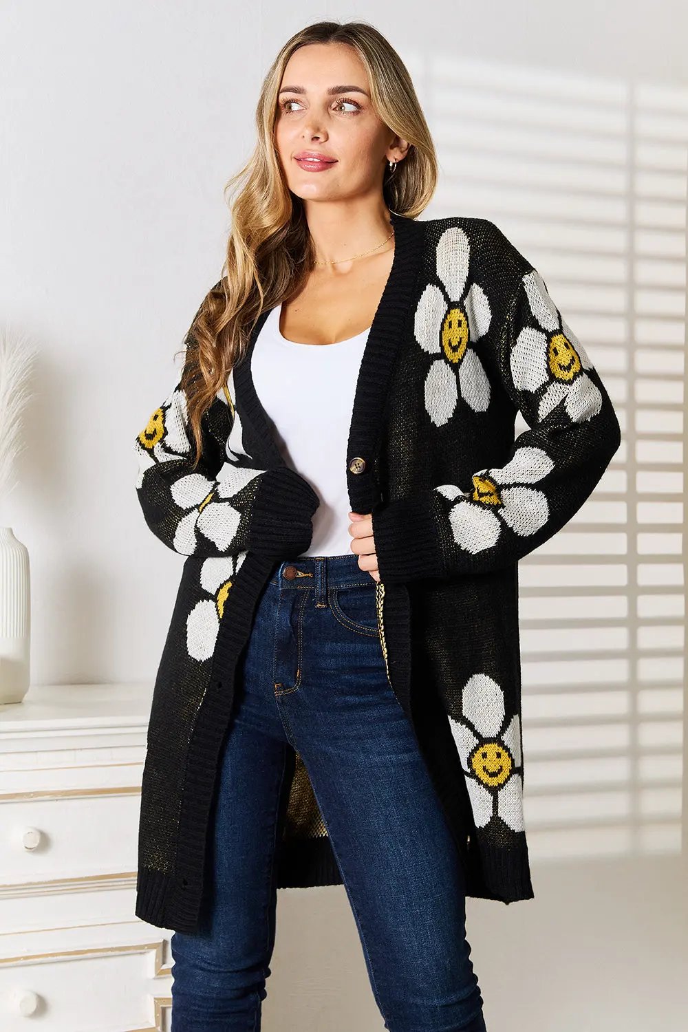 Perfee Floral Button Down Longline Cardigan by Perfee