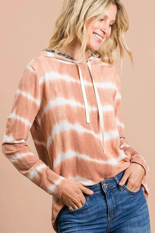 BiBi Tie Dye Stripe Terry Drawstring Hoodie With Leopard by BiBi