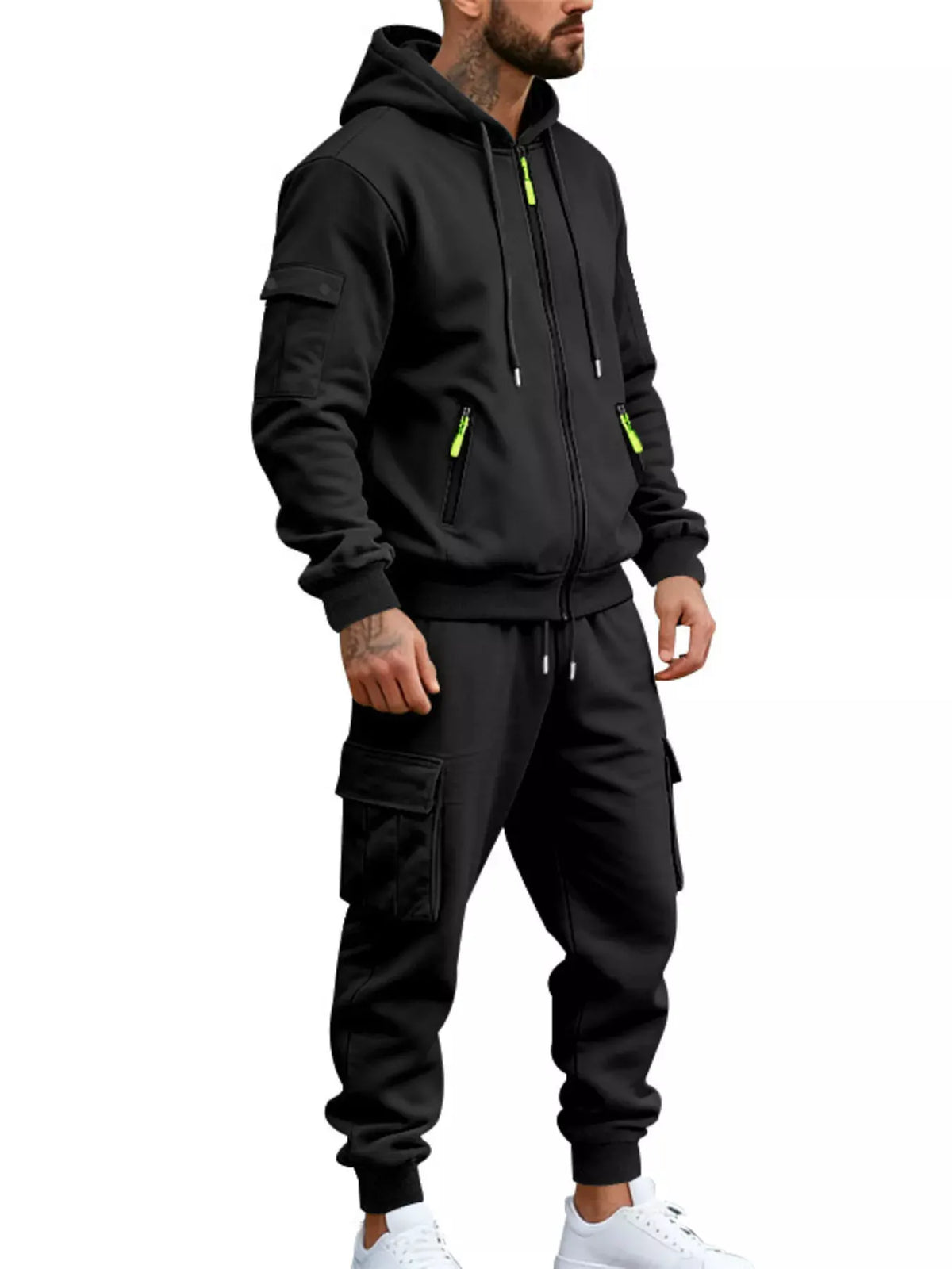 Men's Plus Size Casual Zip-Up Hoodie and Cargo Pants Set by Partner Label