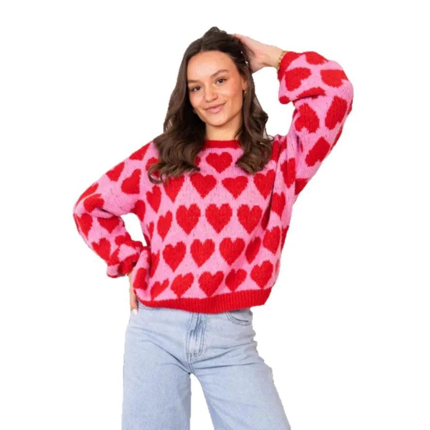 Heart Jacquard Color Contrast Short Knitted Valentine's Day Sweater by Maiden-Art