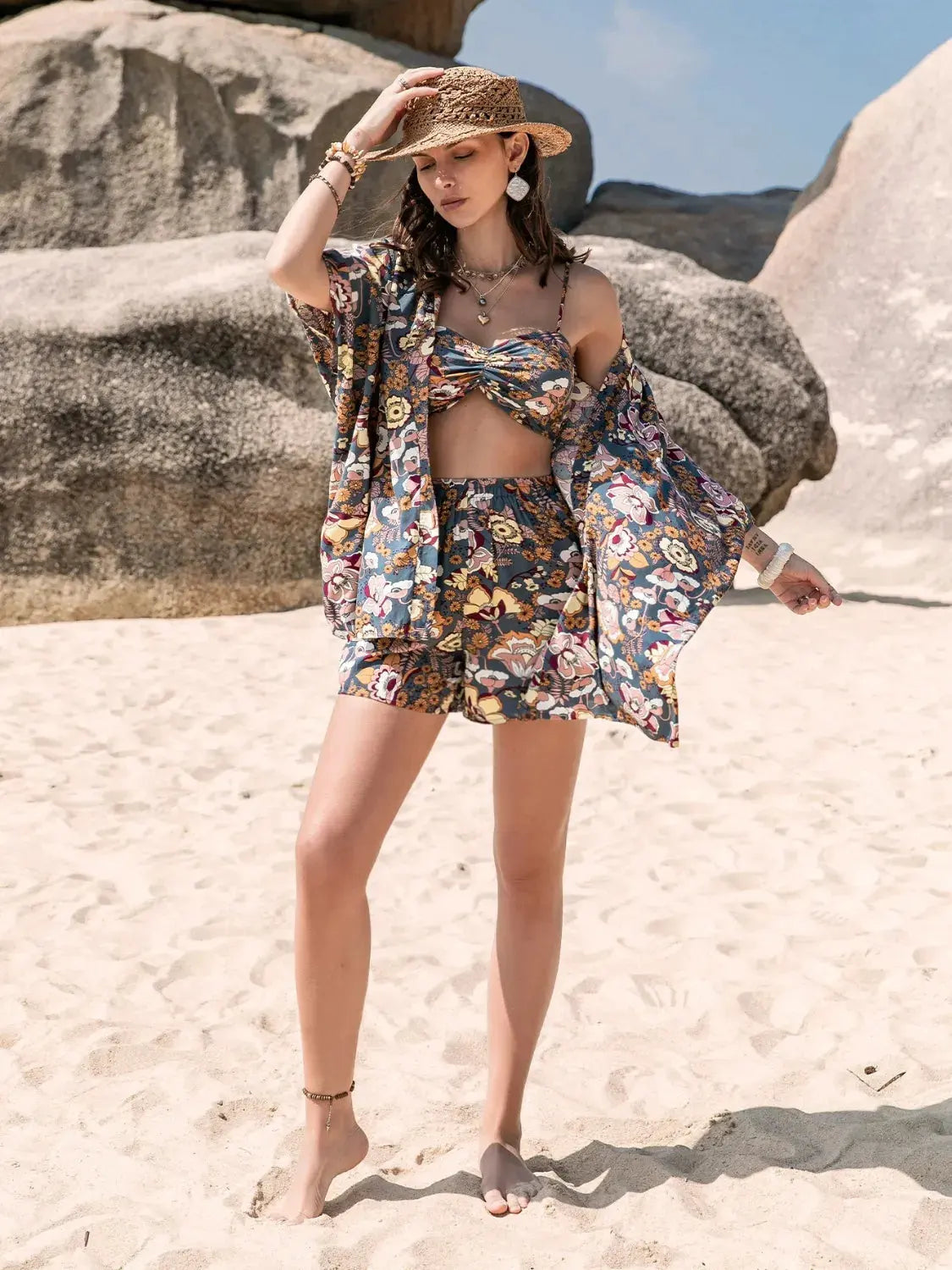 Printed Bra, Cover-Up and Shorts Set by Partner Label