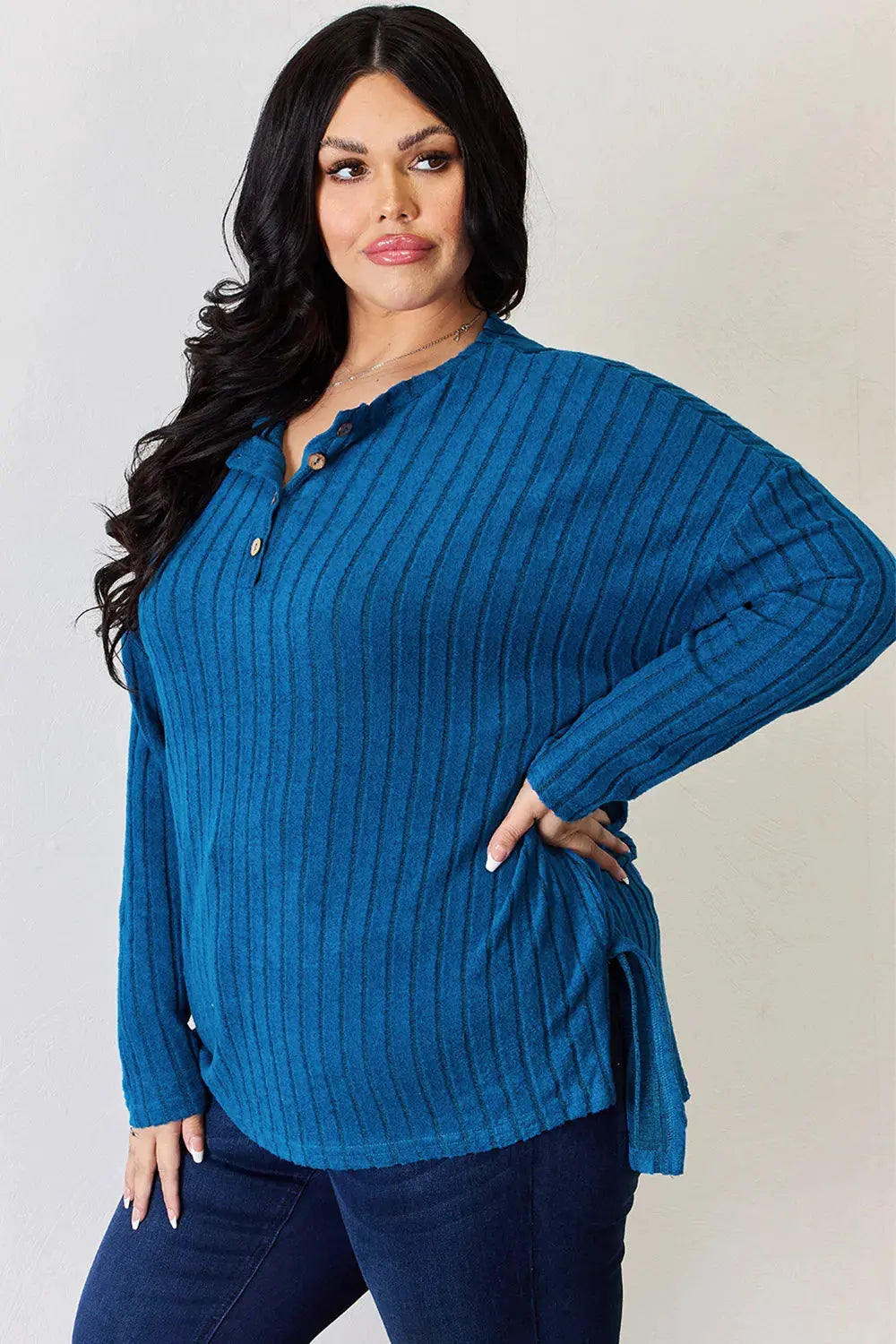 Basic Bae Full Size Ribbed Half Button Long Sleeve High-Low T-Shirt by Basic Bae