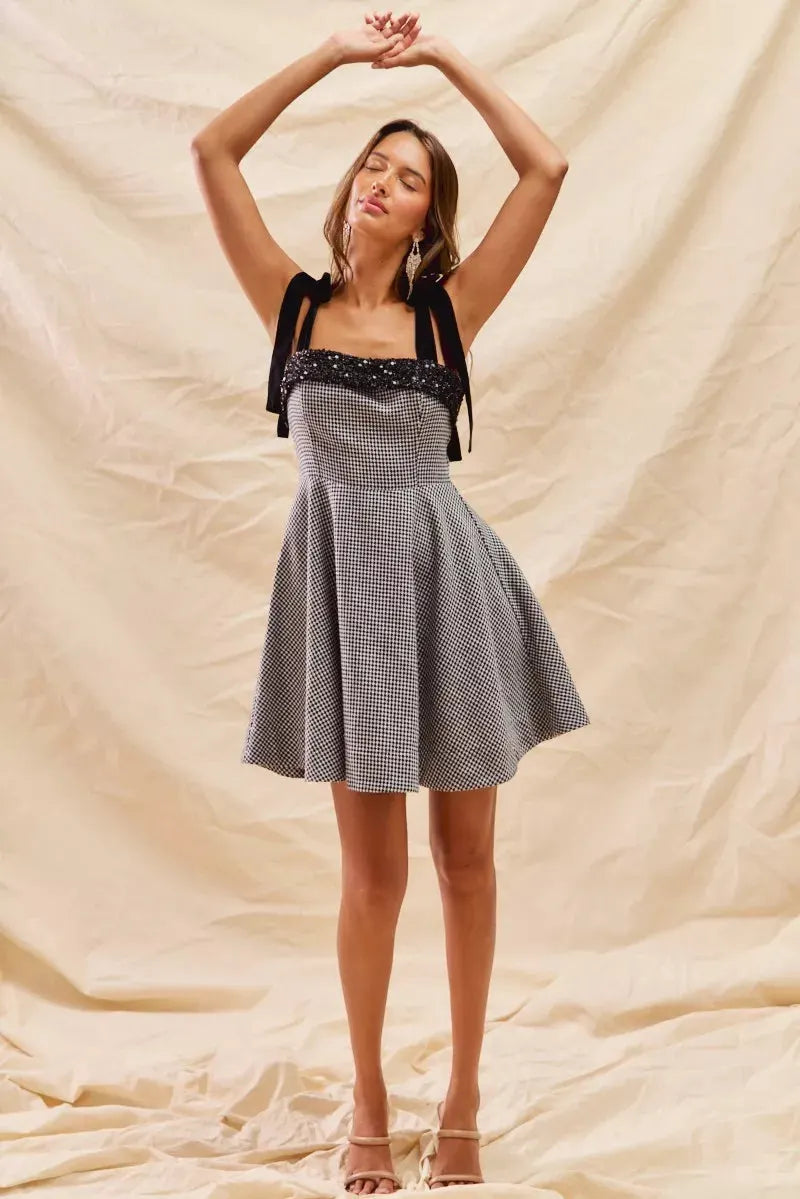 SO ME Houndstooth Fit Flare Mini Dress with Shoulder Tie by SO ME