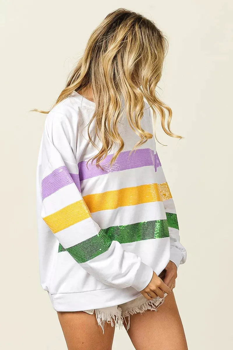 BiBi Sequin Mardi Gras Striped Round Neck Sweatshirt by BiBi