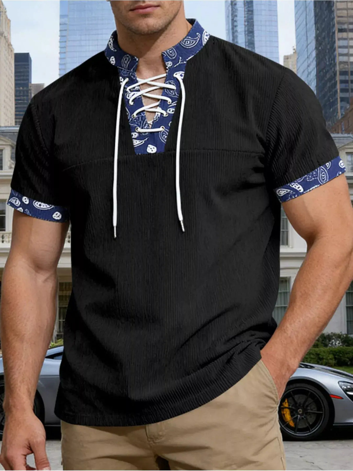 Men's Full Size Lace-Up Collar T-Shirt Plus Size by Trendsi