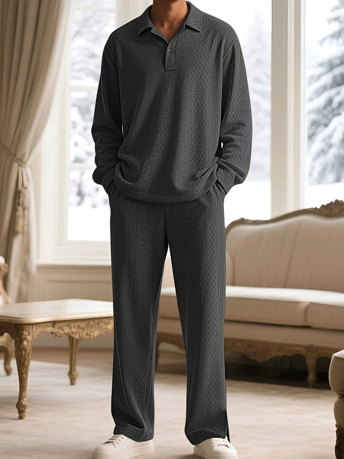 Men's Full Size Textured Long Sleeve Top and Pants Set Plus Size by Partner Label