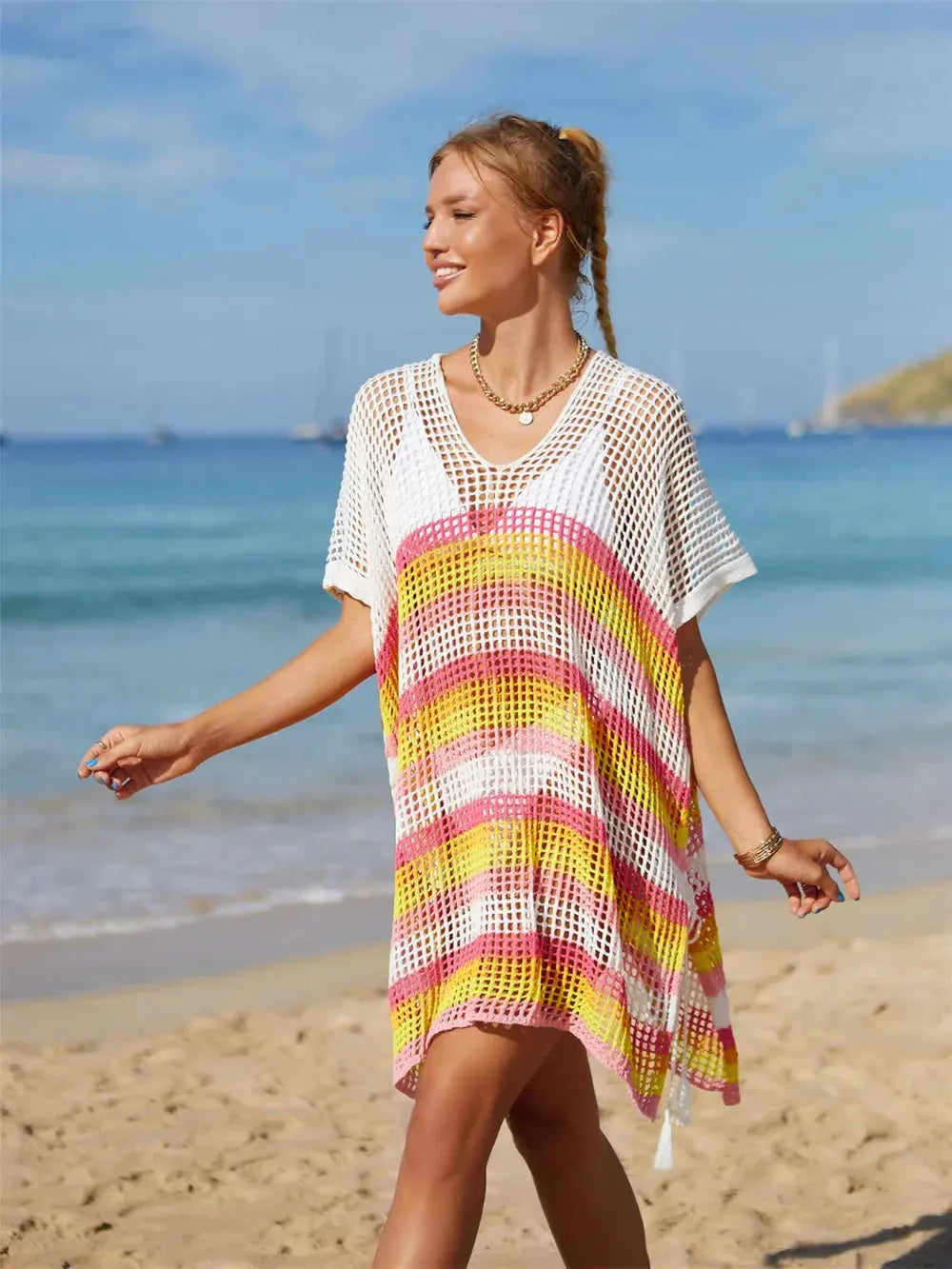 Angel Wings Cutout Striped Cover-Up with Tassel by Partner Labels