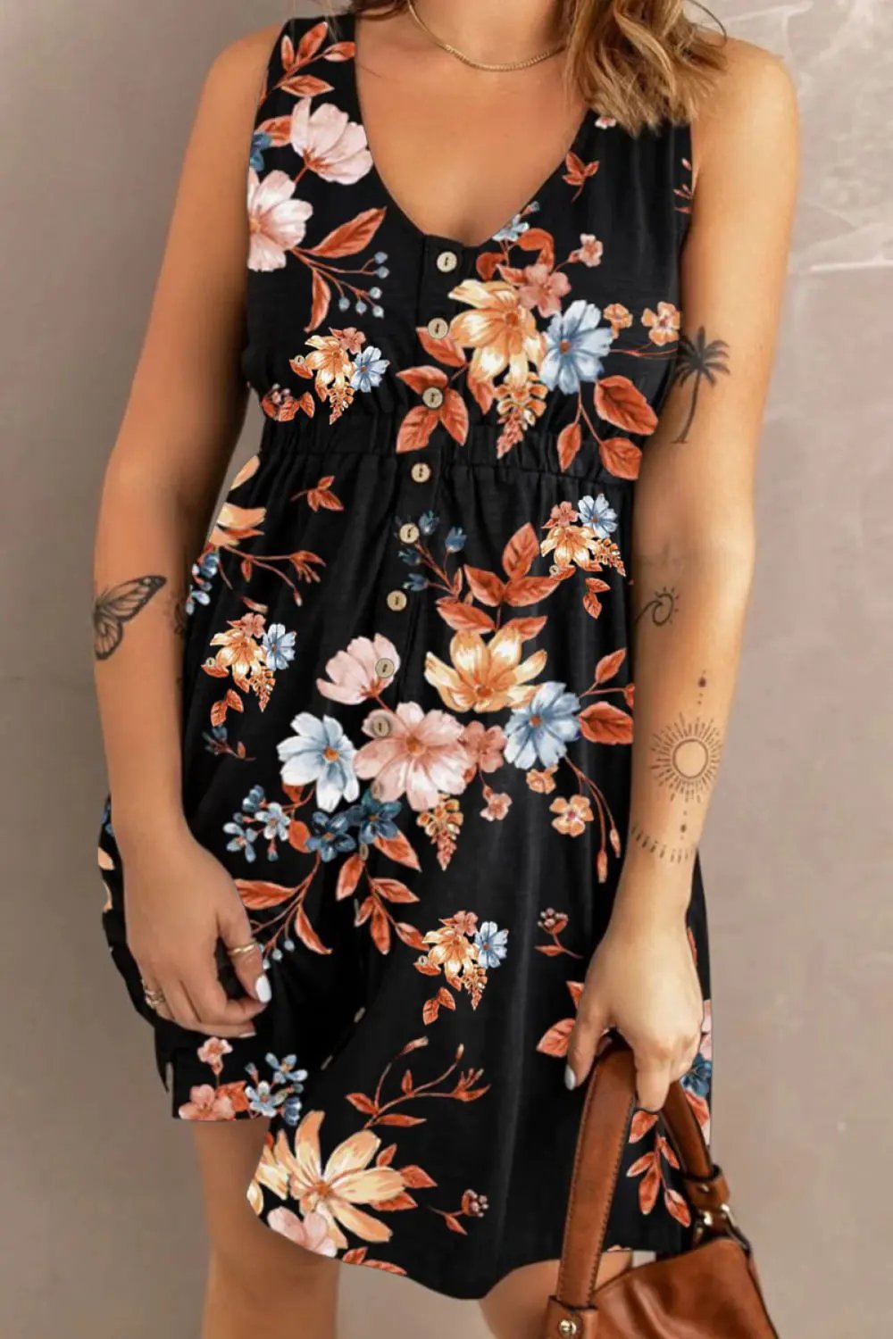 Double Take Printed Scoop Neck Sleeveless Buttoned Magic Dress with Pockets by Double Take