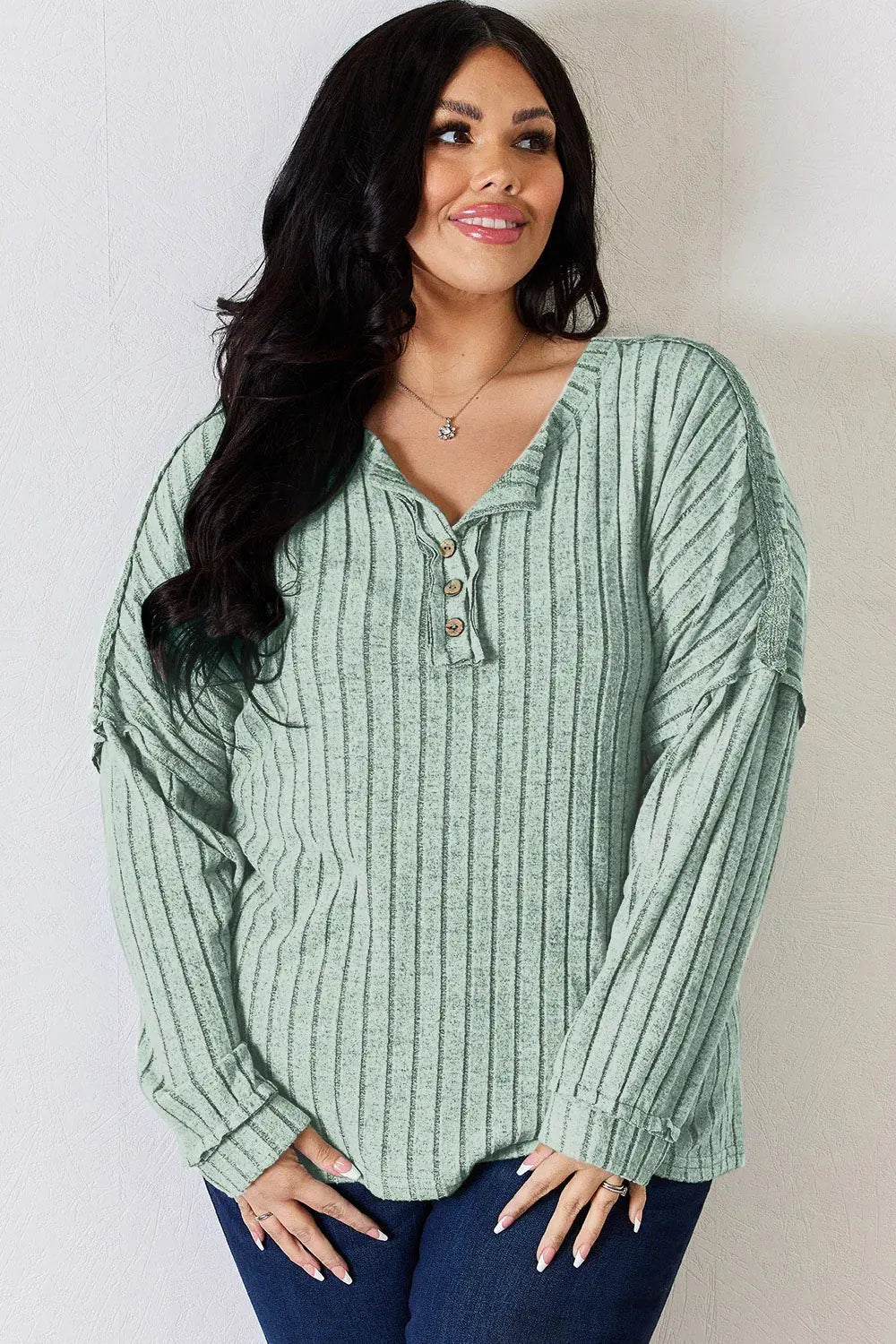 Basic Bae Full Size Ribbed Half Button Long Sleeve T‑Shirt | Partner Labels Selection by Partner Label