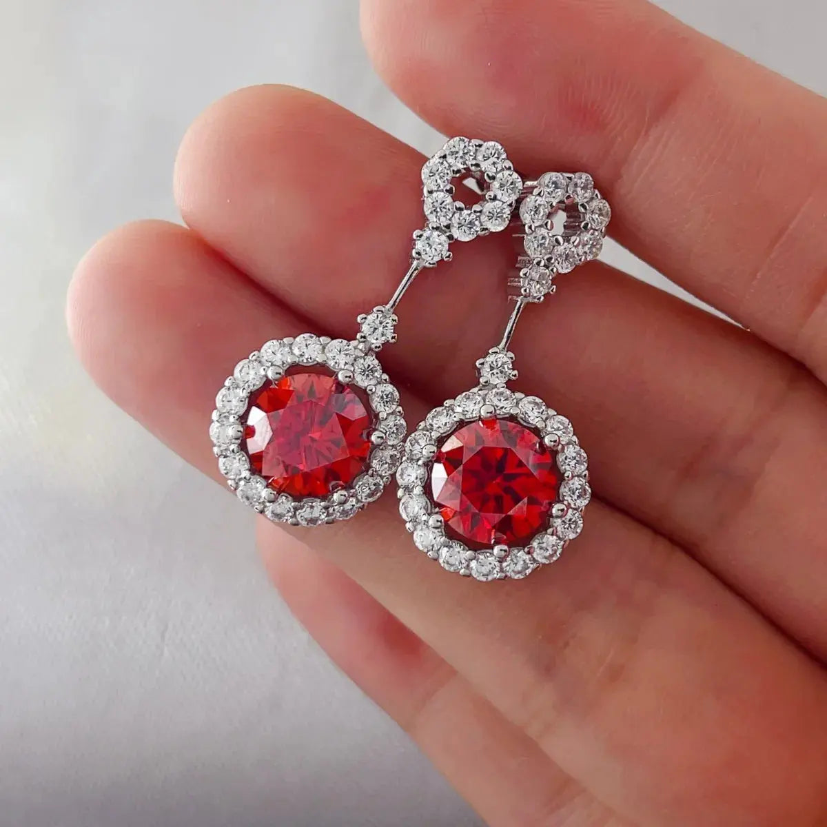 4 Carat Ruby Red Crystal Drop Earrings with Rhinestone Halo by Partner Label