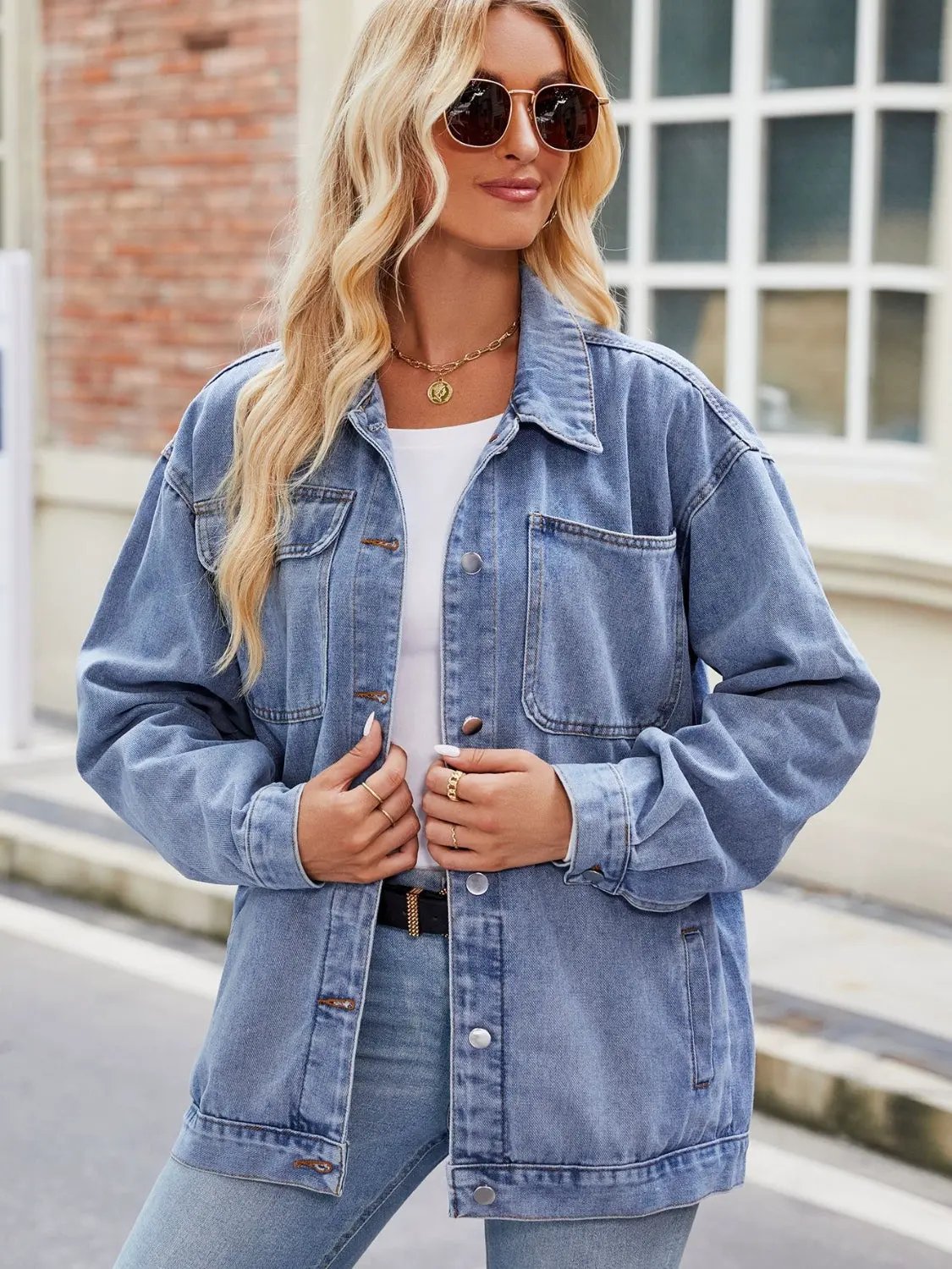 Button Up Denim Jacket with Pockets by Partner Label